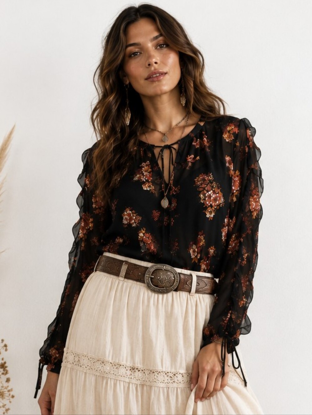 Modcloth Black Floral Ruffle Sheer Top Whimsigoth Boho Western Prairie Sz Large